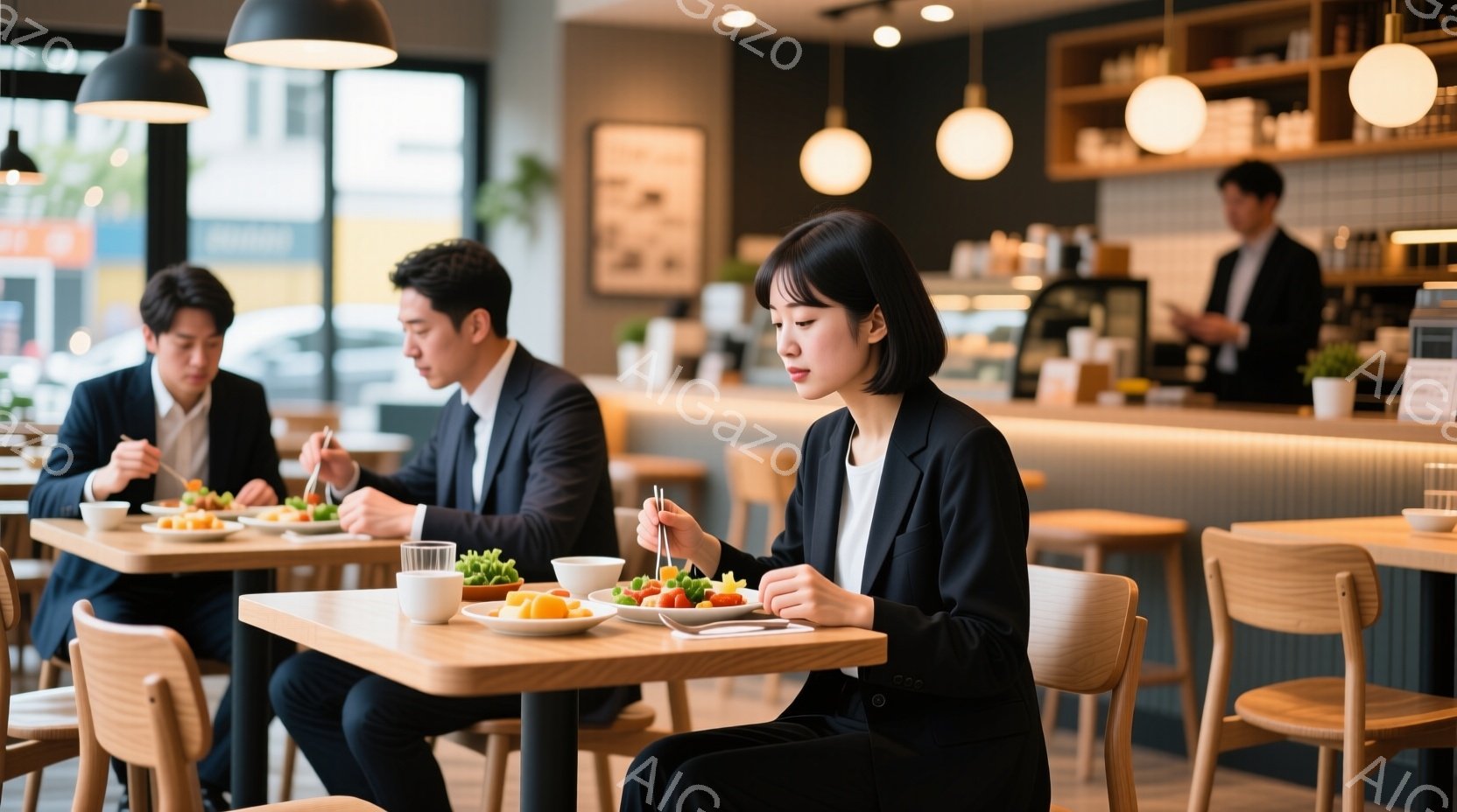 ビジネススーツを着た3人の男女が、明るいカフェのような場所で食事をしている様子が写っています。女性は黒いスーツに短い髪型で、食事に集中した表情をしています。背景にはカウンターと、いくつかのテーブルと椅 - AI生成フリー素材