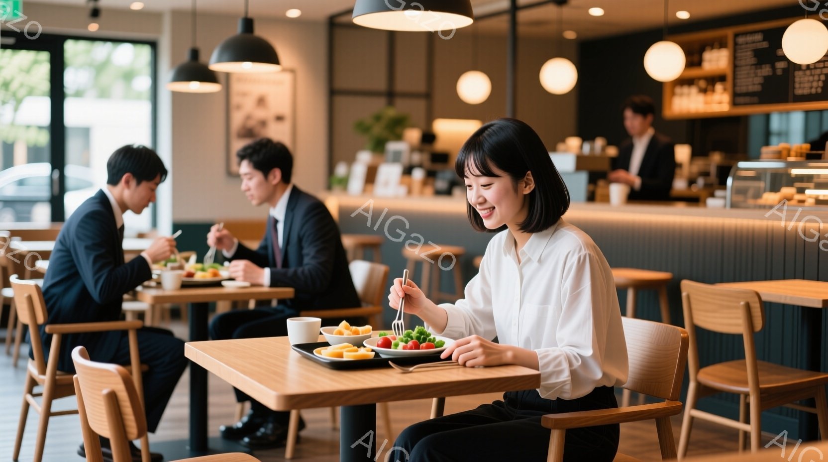 明るいカフェの内部で、一人の女性と一人の男性が食事をしている様子が写っている。女性は白いシャツを着ており、短い黒髪で、微笑みながら食事を楽しんでいる。背景にはカフェのカウンターと、窓から見える緑の木々 - AI生成フリー素材