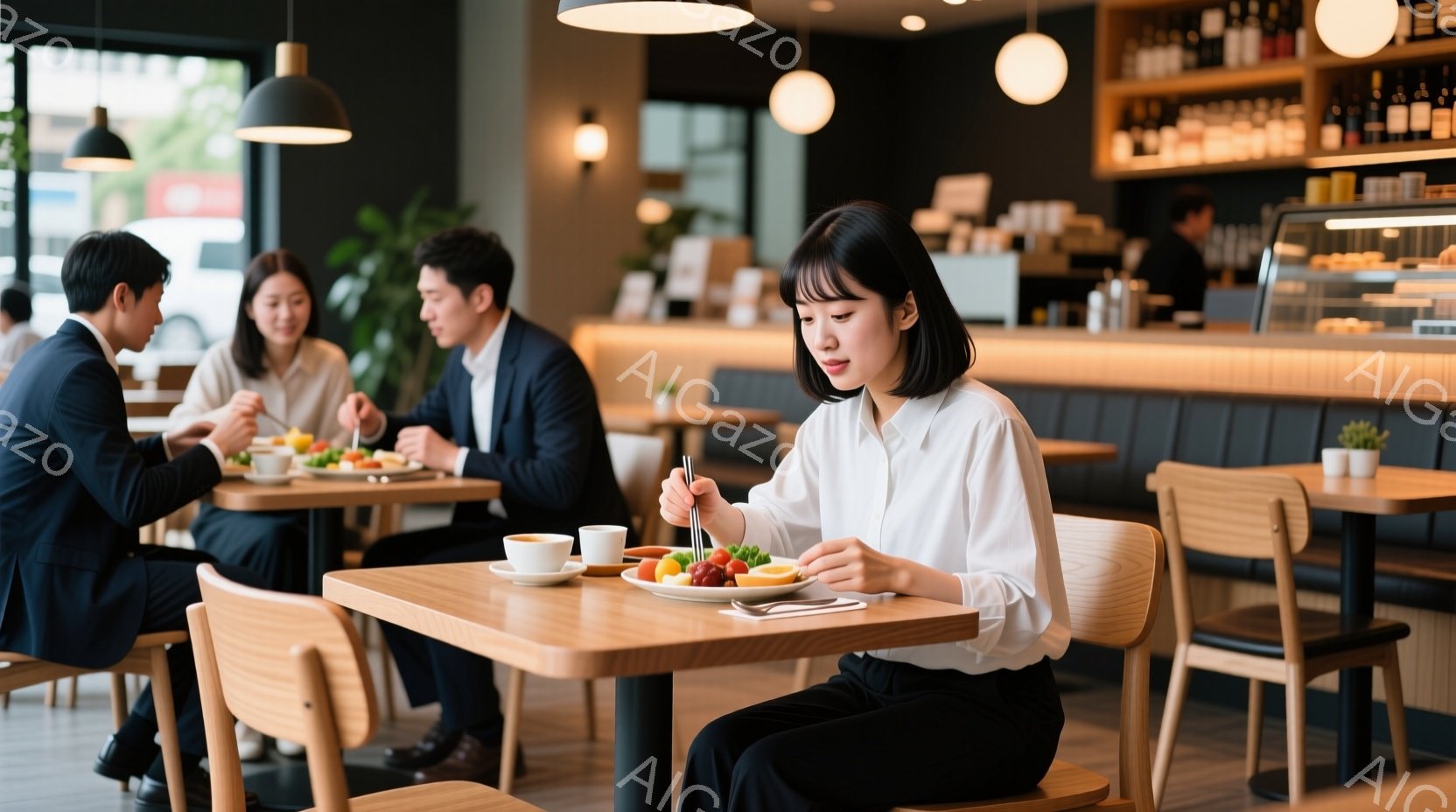 白いブラウスと黒いズボンを着用した若い女性が、テーブルでサラダを食べている。彼女は少し微笑んでおり、リラックスした表情をしている。背景には、他の客が食事をしているカフェの様子が見え、明るくモダンな雰囲 - AI生成フリー素材