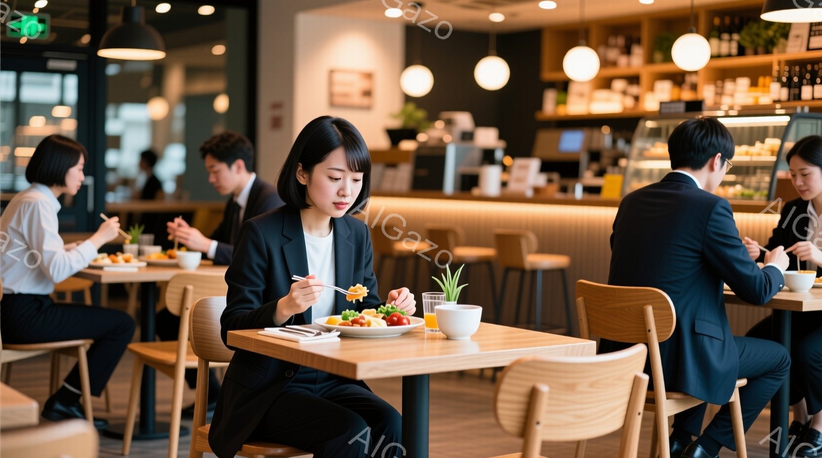 明るいカフェの内部で食事をするビジネスマンとビジネスウーマンが写っています。女性は黒いスーツを着ており、短い黒髪で、食事に集中した表情をしています。背景には、カウンターとディスプレイケースがあり、カフェの温かく現代的な雰囲気が漂っています。
