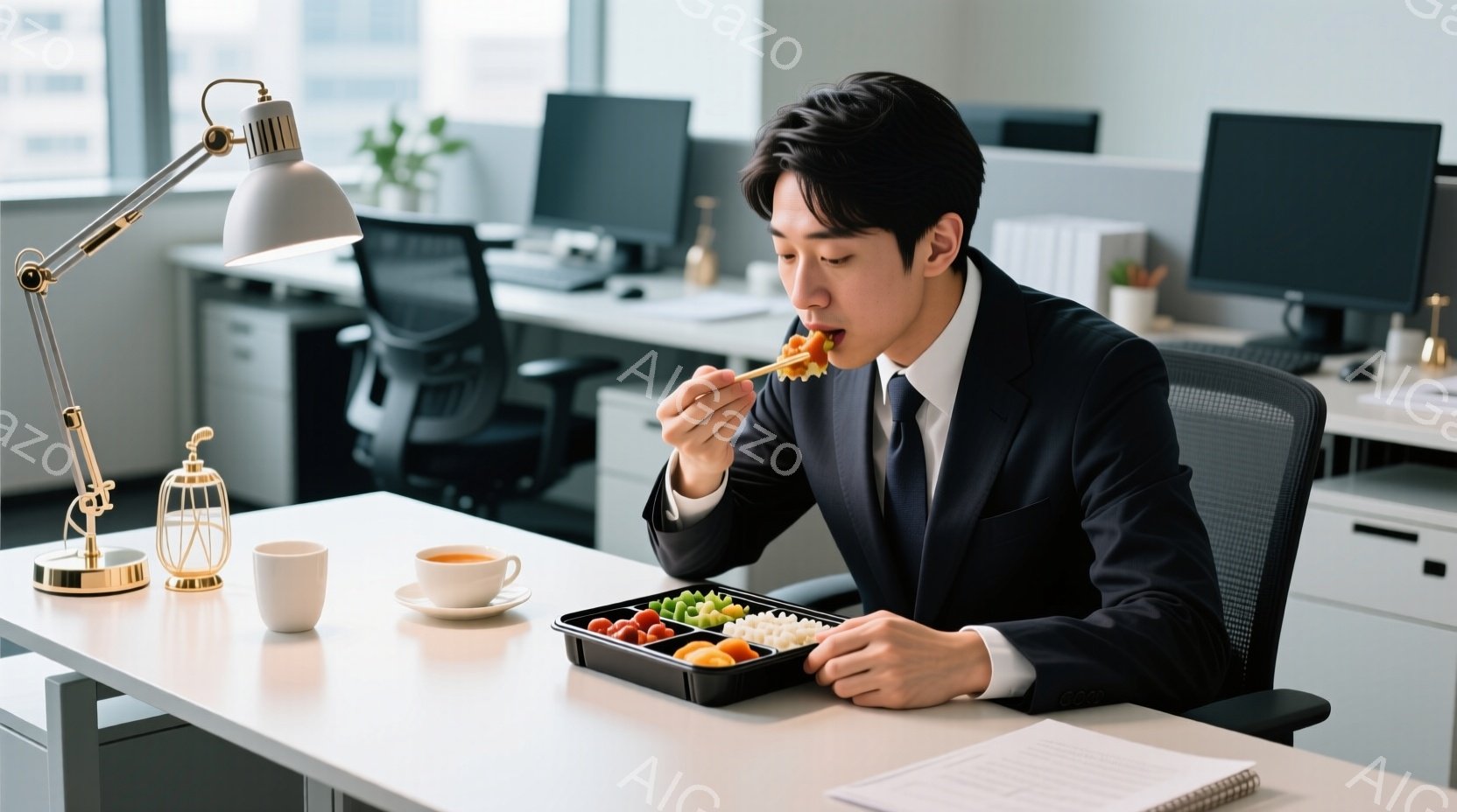 スーツとネクタイを着用した若い男性が、オフィスで弁当を食べている。彼は真剣な表情で箸を使って何かを口に運び、姿勢はやや前かがみになっている。背景には他のオフィスワーカーの姿や、白いデスク、モニター、そして間接照明が見え、全体的に清潔感のある落ち着いた雰囲気が漂っている。