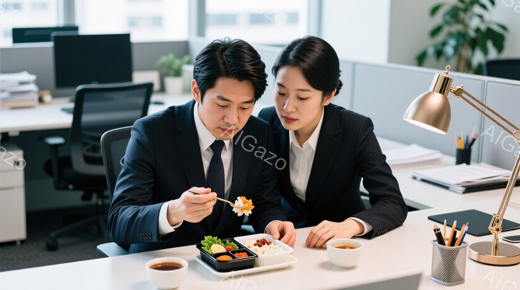 スーツを着た若い男性と女性が、オフィスでランチを食べている様子が写っている。男性はネクタイを締め、女性は髪を後ろにまとめている。背景には、オフィス家具や書類が写っており、落ち着いた雰囲気で、ビジネスシ - AI生成フリー素材