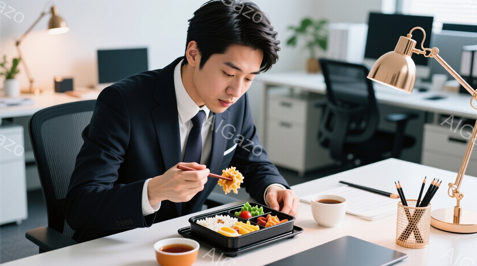 黒いスーツにネクタイを締めた男性が、オフィスで弁当を食べている。彼は少し前かがみになり、箸で彩り豊かな弁当から一口の食べ物を手に取っている。背景には、白いキャビネットやデスクライトが見え、全体的に落ち着いた、仕事中の休憩時間のような雰囲気が漂っている。
