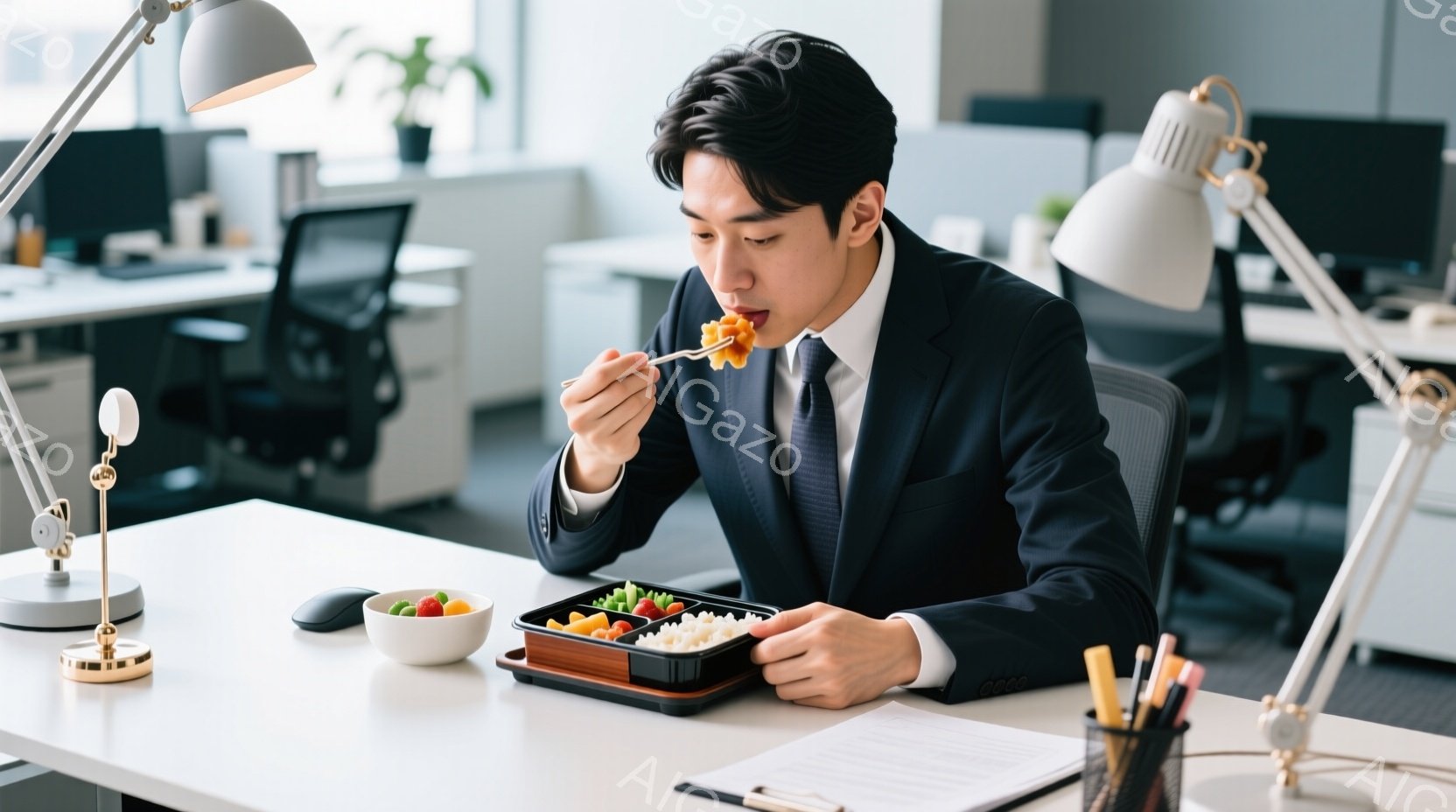 スーツとネクタイを着用した若い男性が、オフィスで弁当を食べている。彼は少し前かがみの姿勢で、箸を使って一口の食べ物を口に運んでいる。背景には他のオフィス家具や自然光が見え、全体的に落ち着いた雰囲気である。