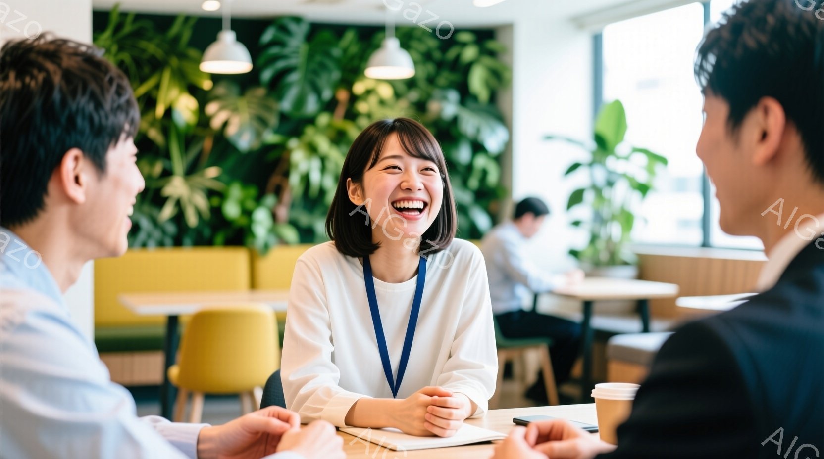 明るい室内でテーブルを囲んで話している3人の人物が写っています。中央の女性は短めの髪で、笑顔を見せ、ネックストラップをかけており、リラックスした姿勢で両手を重ねています。背景には緑豊かな植物の壁があり - AI生成フリー素材