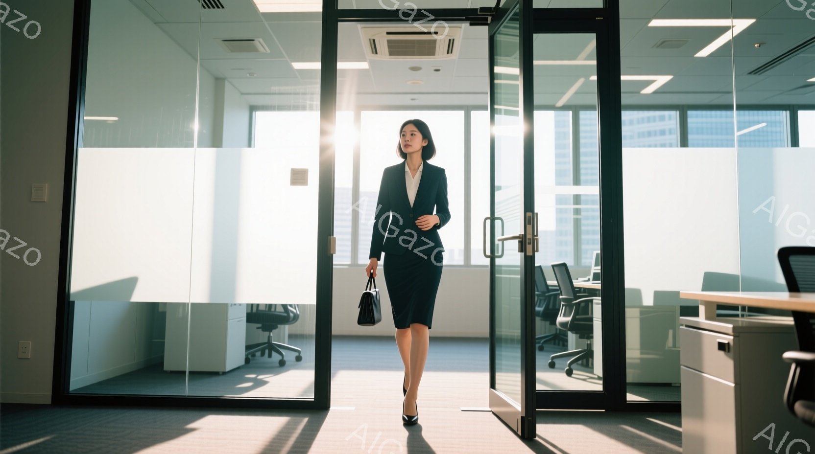 女性は、黒いジャケットと膝丈のスカート、黒いパンプスを着用し、黒いハンドバッグを持っています。彼女はオフィス空間のガラスドアを歩いて出ており、自信に満ちた姿勢で、やや下を向いています。背景にはオフィス - AI生成フリー素材