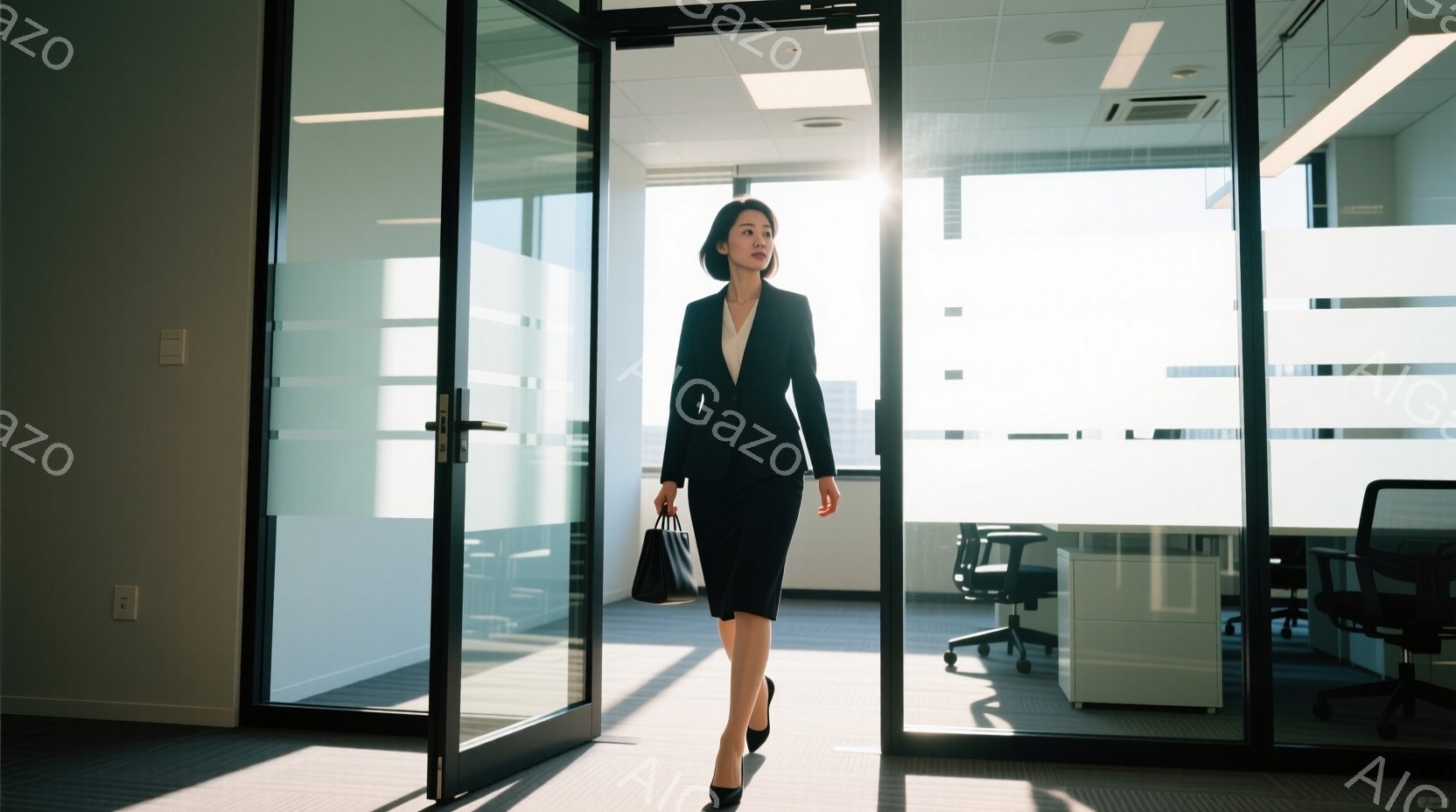 黒いスーツと膝丈のスカートを着用した女性が、ガラス張りのドアからオフィスに入ろうとしている姿が描かれている。彼女は黒いハンドバッグを持ち、ヒールを履いており、自信に満ちた表情で前を見据えている。背景にはオフィススペースが広がり、光が差し込み、モダンでプロフェッショナルな雰囲気を醸し出している。