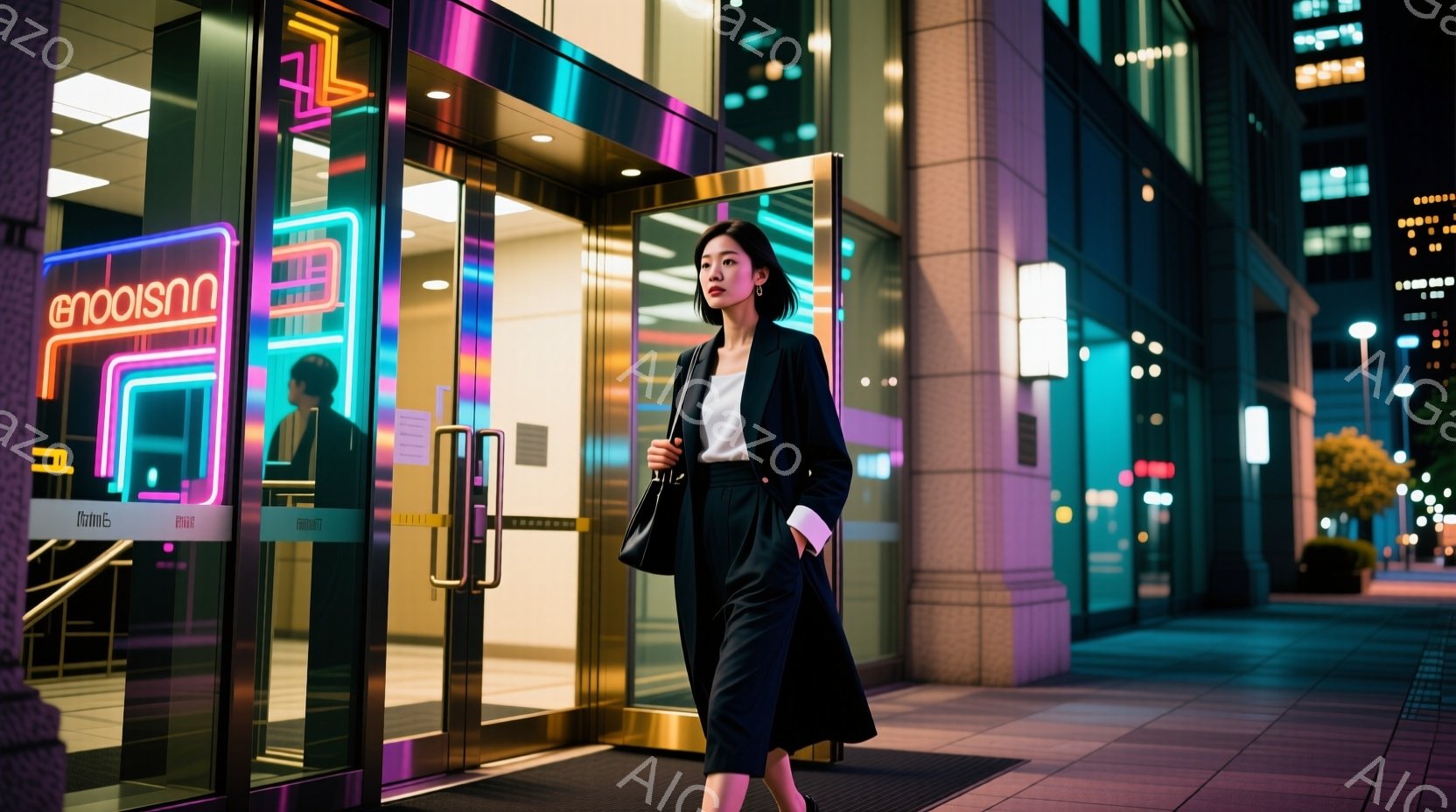 夜の街並みを背景に、女性が建物の入り口を歩いている。彼女は黒のジャケットと膝丈のスカートを着用し、白いインナーが覗いている。表情は少しクールで、姿勢は凛としている。