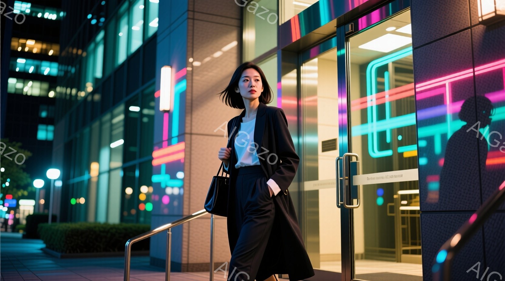 紺色のスーツに白いブラウスを着た女性が、ガラス張りの建物の入り口付近で歩いている。彼女は黒いハンドバッグを持ち、髪は後ろで一つに結ばれており、表情は真剣で自信に満ちている。背景には高層ビル群と緑の植栽 - AI生成フリー素材