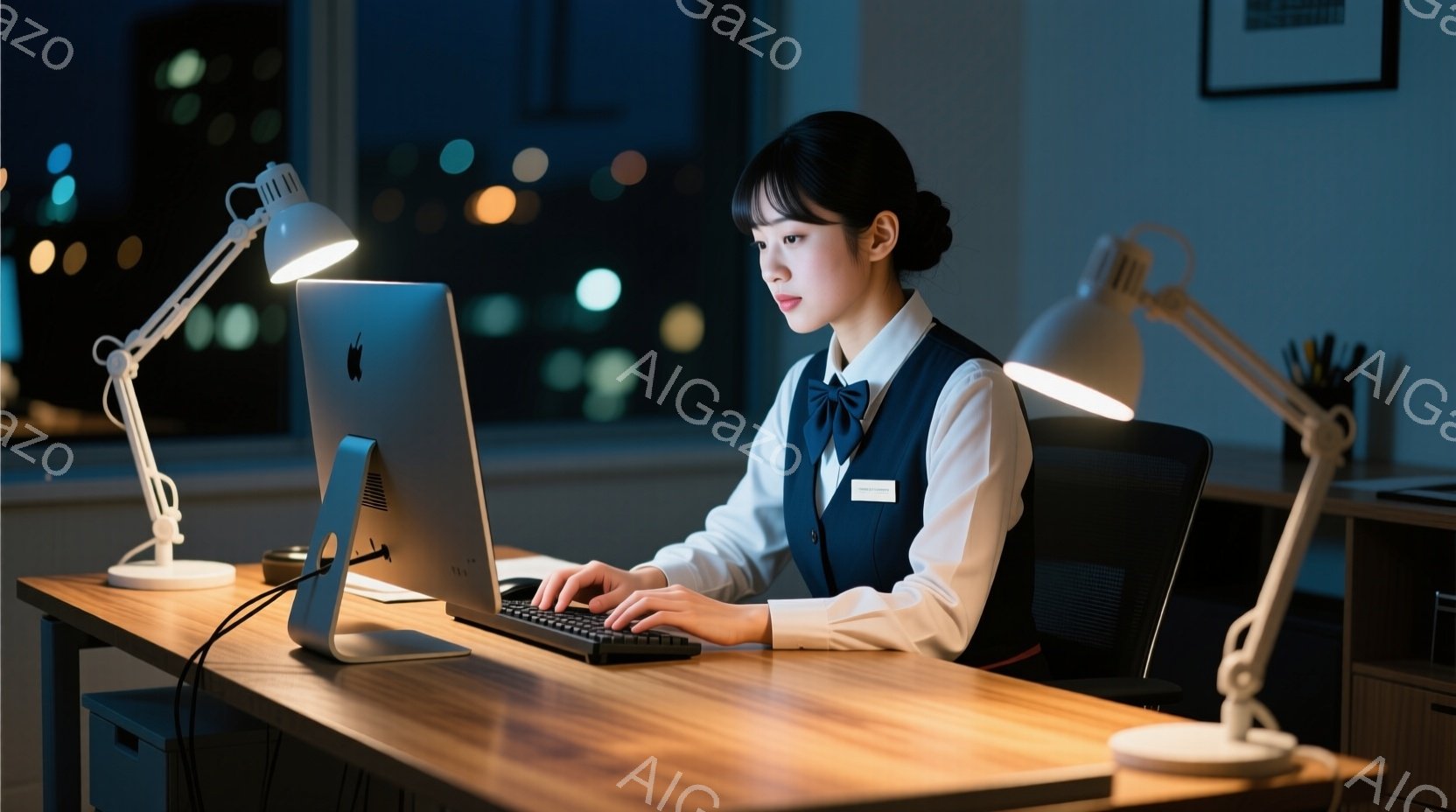 女性はオフィスでコンピュータに向かって作業している。彼女は白いシャツに濃い青のベスト、そして黒いパンツを着用し、きちんとしたヘアスタイルをしている。背景には夜景が見え、室内は暖色の照明で照らされており、真剣な表情で集中して作業に取り組んでいる様子が伺える。