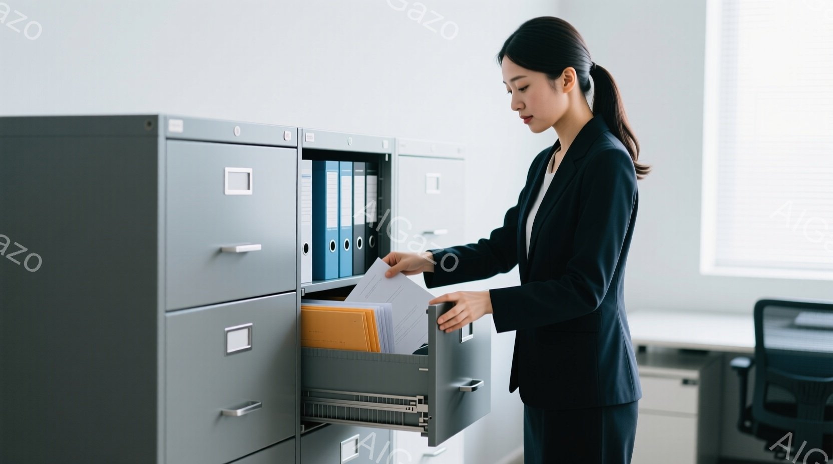 紺色のスーツを着た女性が、グレーのファイリングキャビネットから書類を取り出している。彼女は後ろで髪を結い、集中した表情で書類を確認している。背景にはオフィス家具が見え、全体的に落ち着いた雰囲気である。 - AI生成フリー素材