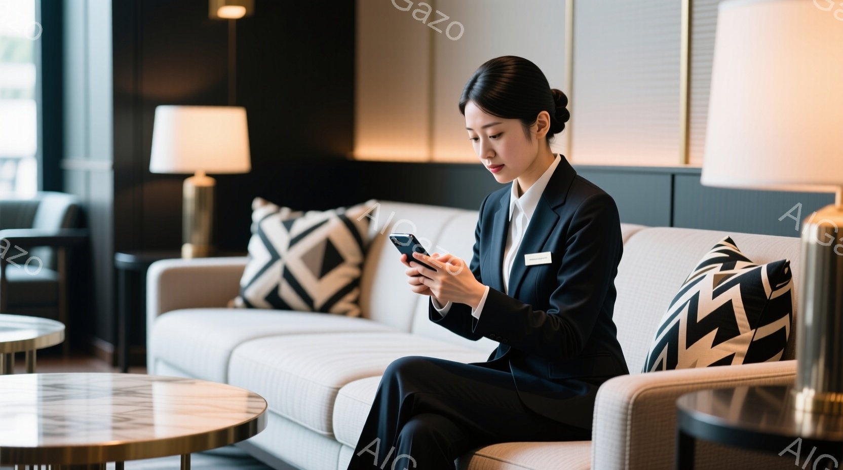 黒いスーツと白いブラウスを着た女性が、クリーム色のソファに座ってスマートフォンを見ている。彼女は髪を後ろでまとめ、落ち着いた表情で、リラックスした姿勢で座っている。背景には、間接照明と幾何学模様のクッ - AI生成フリー素材
