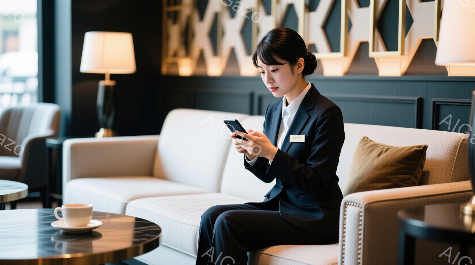 黒いスーツに白いブラウスを着た女性が、ベージュ色のソファに座ってスマートフォンを見ている。彼女は髪を後ろでまとめ、落ち着いた表情で画面を見つめている。背景には、磨かれた木製のパネルと間接照明があり、高 - AI生成フリー素材