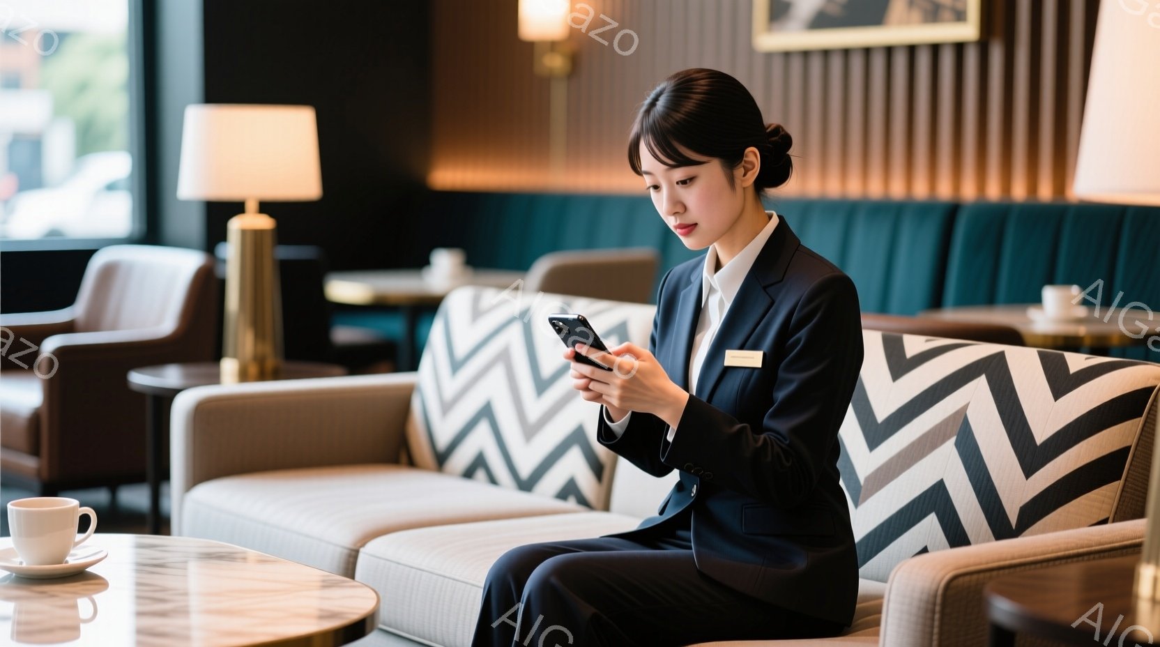 紺色のスーツを着た若い女性が、クリーム色のストライプ柄のクッションが置かれたソファに座ってスマートフォンを操作している様子が写っています。彼女は髪をきっちりとまとめ、真剣な表情で画面を見つめています。背景には、濃い緑色の壁と、丸みを帯びた木製のテーブル、そしてコーヒーカップが置かれたテーブルが見え、落ち着いた雰囲気の室内空間が広がっています。