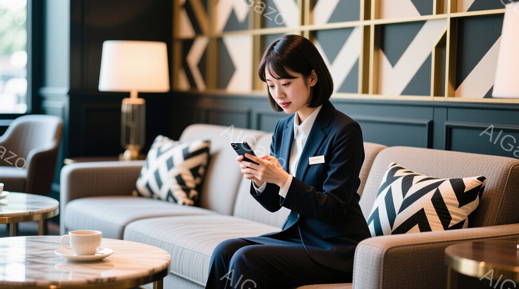 紺色のスーツに白いシャツを着た女性が、明るいベージュ色のソファに座ってスマートフォンを操作している。彼女は黒髪のショートヘアで、少し前かがみの姿勢で画面を見つめている。背景には、幾何学模様の装飾が施さ - AI生成フリー素材