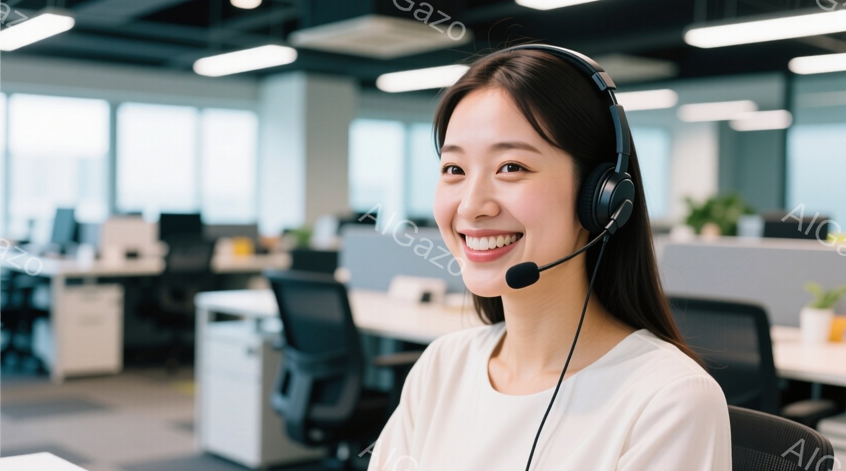 ヘッドセットを装着した若い女性が写っています。彼女は白いブラウスを着ており、明るい笑顔でカメラを見つめています。背景には、オフィススペースが見え、多くのデスクと働く人々が確認できます。