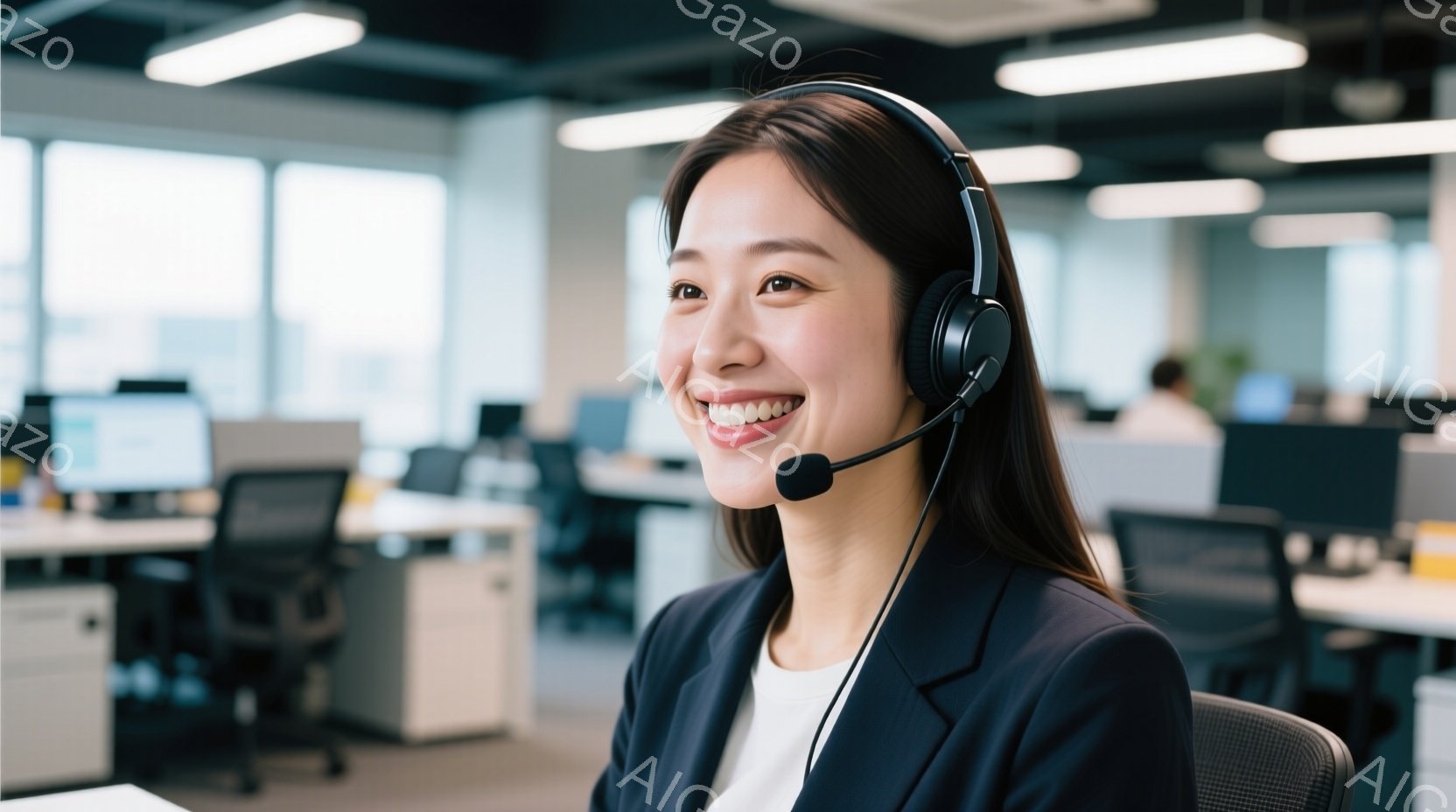 明るい笑顔の若い女性がヘッドセットを着用し、オフィスで座っています。彼女は白いシャツの上に黒いジャケットを着ており、長くストレートの髪は肩にかかっています。背景には他のデスクと人々が見え、全体的に活気があり、プロフェッショナルな雰囲気です。