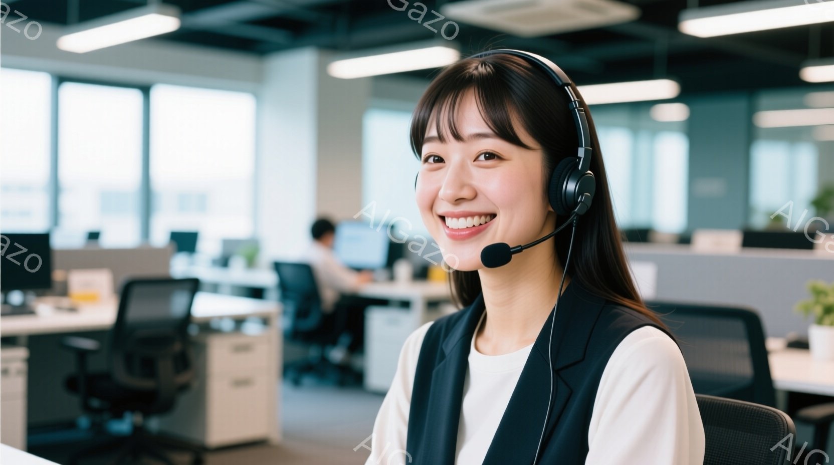 明るい笑顔を浮かべた若い女性が、ヘッドセットを着用してカメラに向かって微笑んでいます。彼女は白いシャツの上に黒いベストを着ており、ロングヘアは肩にかかるように流されています。背景はオフィスで、他の従業員やデスク、そして窓から差し込む光が見え、活気がありながらも清潔な雰囲気が漂っています。
