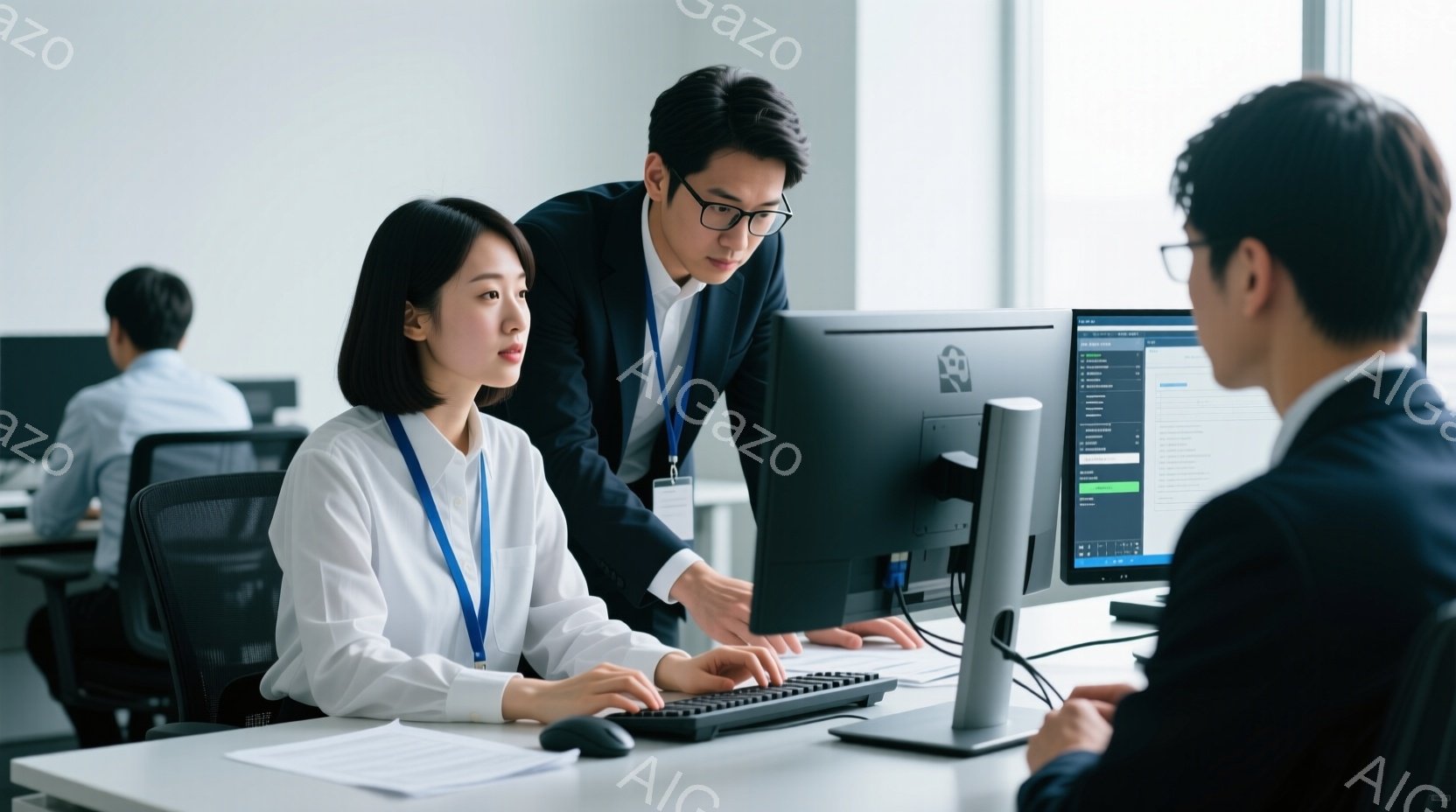 オフィスでコンピューターに向かう女性と、その画面を指し示す男性が写っています。女性は白いシャツに黒いパンツ、髪は後ろでまとめており、真剣な表情でキーボードを操作しています。男性はダークスーツにネクタイ - AI生成フリー素材