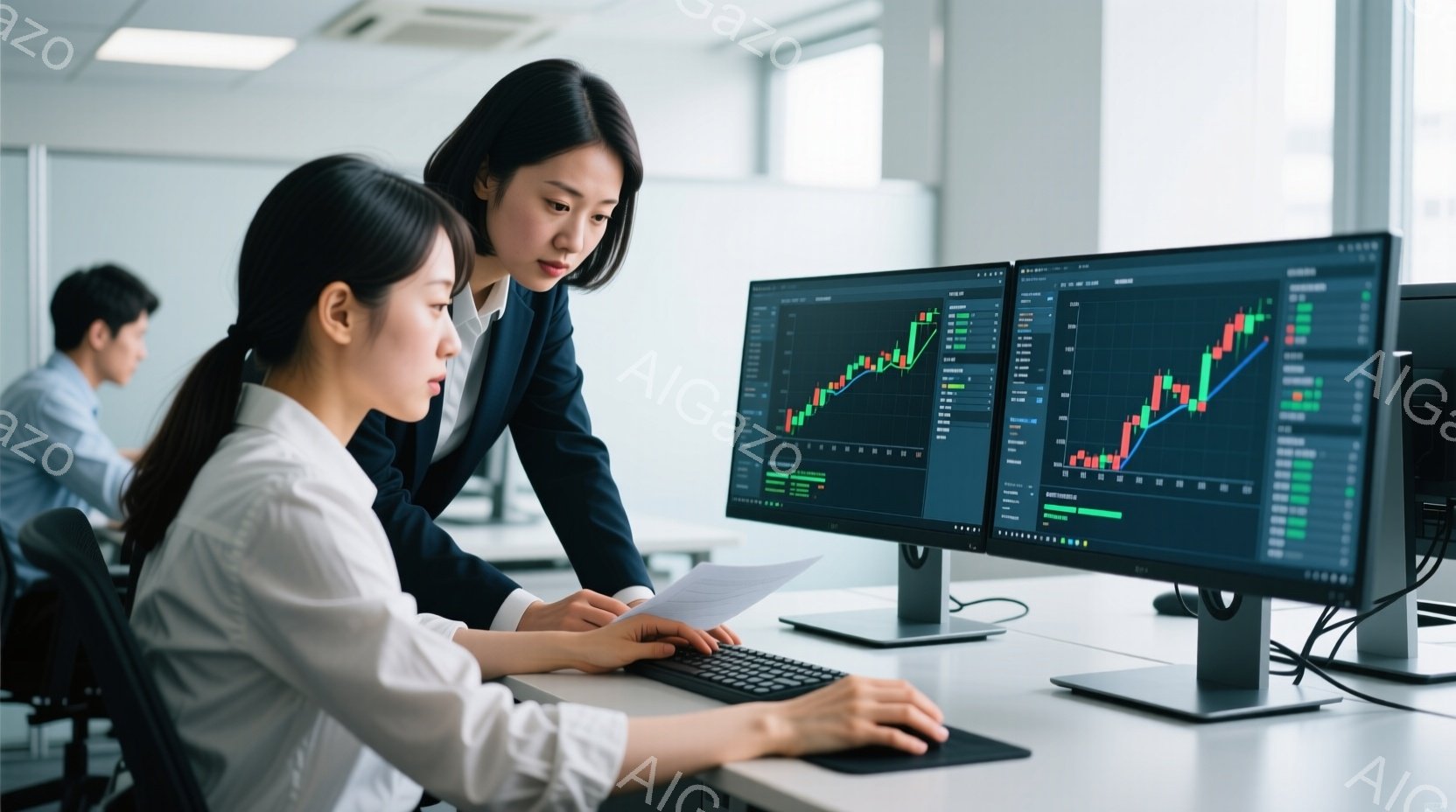 左の女性はスーツを着用、右の女性はビジネスカジュアルを着ており、両者ともに髪型はショートヘアである。彼女たちは集中して、計算機画面に注意を向けている。背景には大きなデジタルカードが描かれており、それらは市場動向のグラフを表示している。彼女たちの雰囲気はプロフェッショナルであり、コンサートされたスタイルが目立つ。