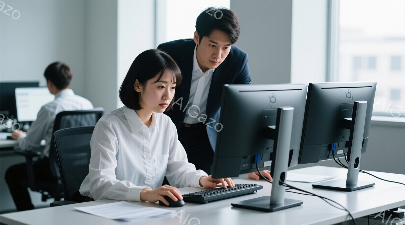 白いシャツを着た若い女性がオフィスでパソコンに向かっています。彼女の隣にはスーツ姿の男性が寄り添い、パソコン画面を覗き込んでいます。背景には他のオフィスワーカーや、窓から見える明るい都市の風景が見え、 - AI生成フリー素材