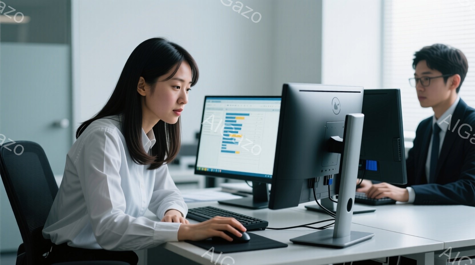 白いシャツを着た若い女性がパソコンに向かって仕事をしている様子が写っている。彼女は黒髪で、集中した表情でマウスを操作しており、姿勢はやや前かがみになっている。背景はオフィスで、同じようにパソコンで作業 - AI生成フリー素材