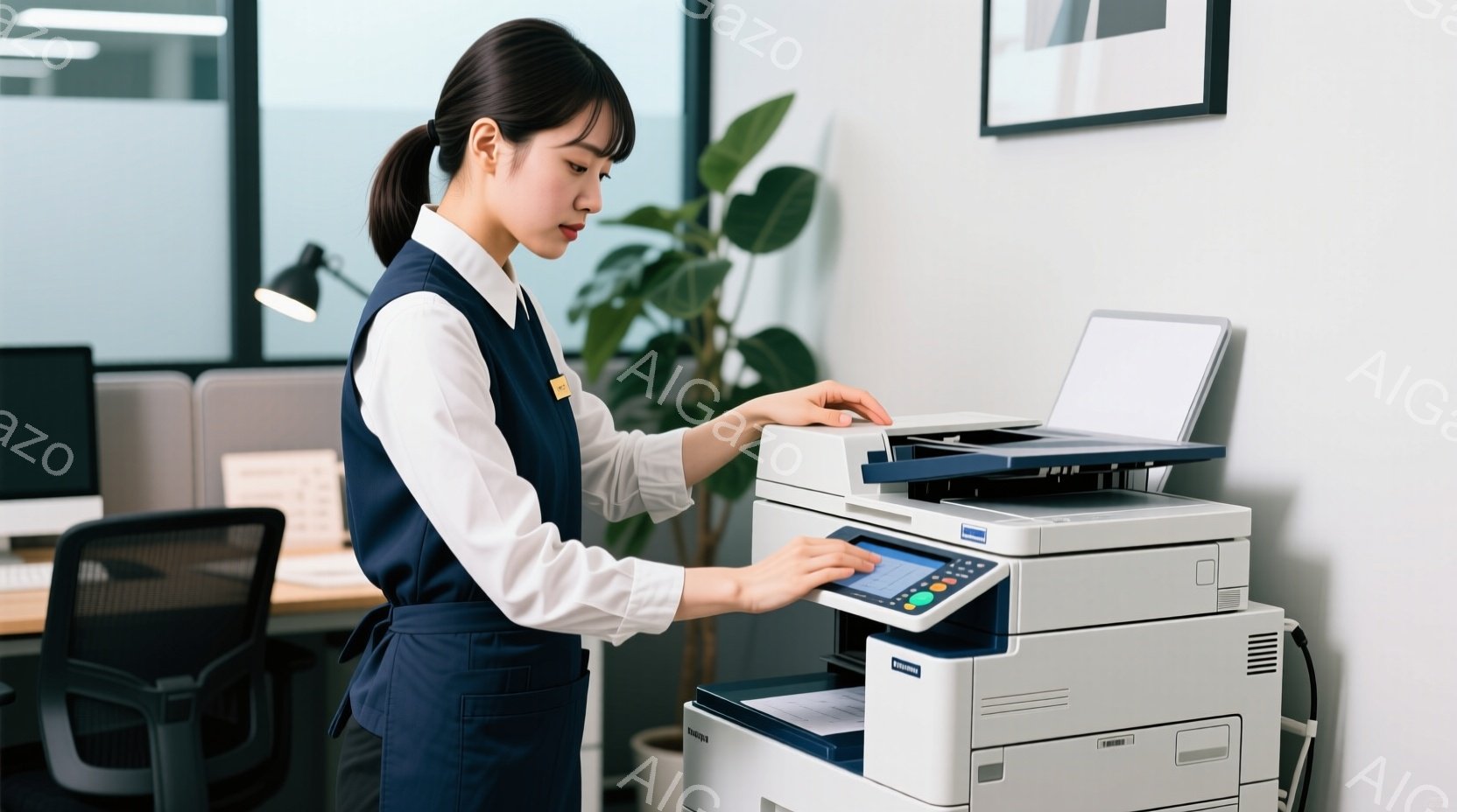 紺色のエプロンと白いブラウスを着た女性が、オフィスでコピー機を操作している様子が写っている。彼女は髪を後ろでまとめ、真剣な表情でコピー機の操作パネルを見ている。背景には、オフィス家具や植物が見え、清潔感のある明るい雰囲気である。