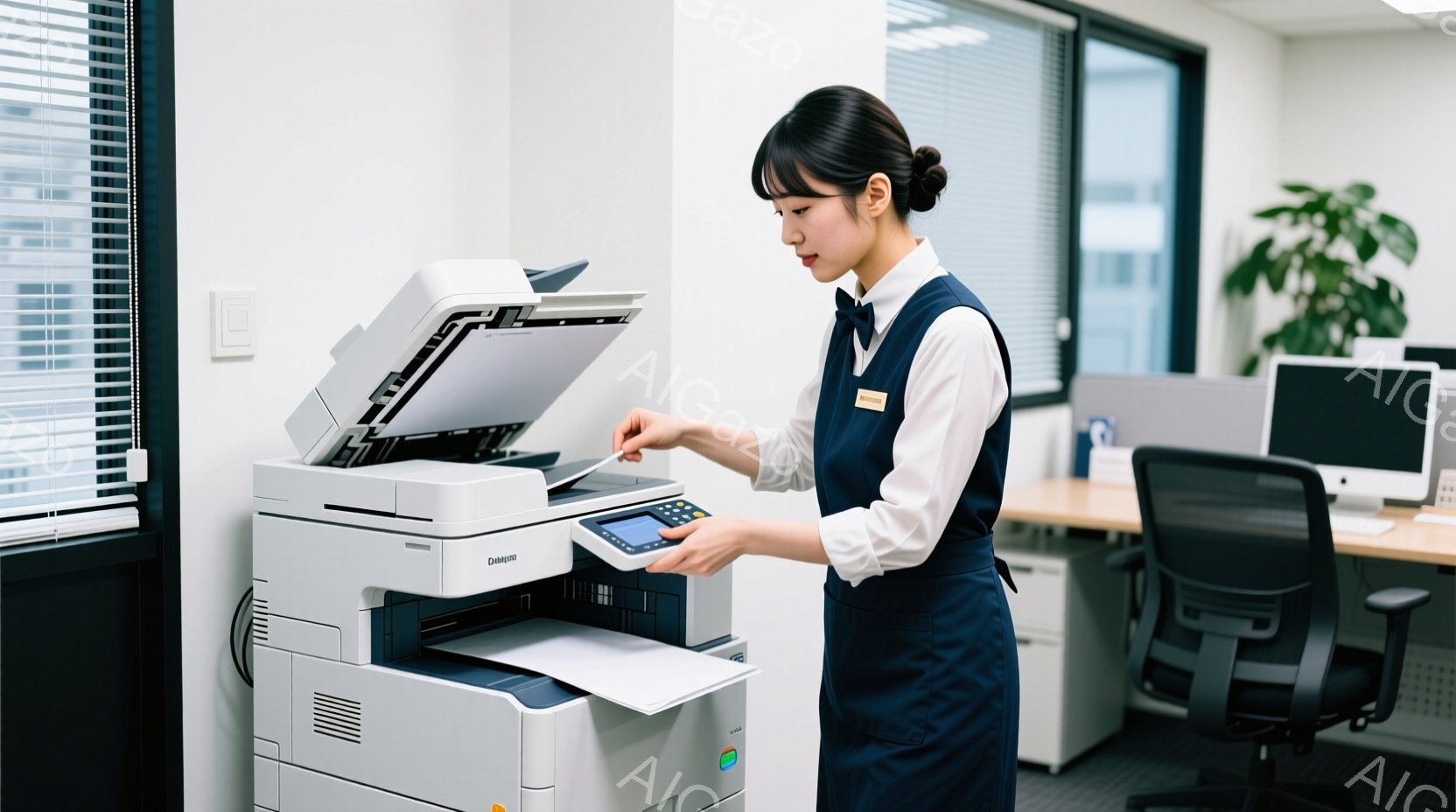 制服を着た若い女性が、オフィスでコピー機を使用している様子が写っています。彼女は白いブラウスと濃い青色のベスト、そして膝丈のスカートを着用しており、髪は後ろで一つにまとめられています。背景にはオフィス内の様子が見え、自然光が入る窓と、事務用の椅子やパソコンなどが配置されています。