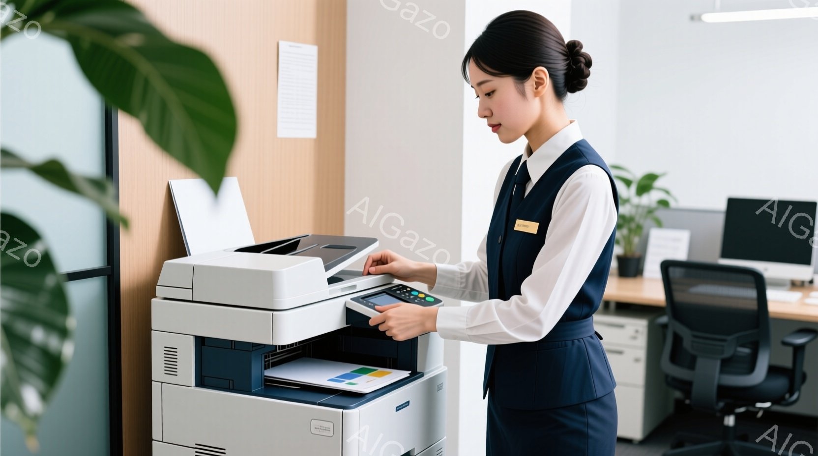 女性は紺色のベストと白いシャツを着て、オフィスでコピー機を操作している。彼女は黒髪で、少し微笑みながら機械の操作パネルを見ている。背景には観葉植物、机、オフィスチェアがあり、明るく清潔感のある雰囲気である。