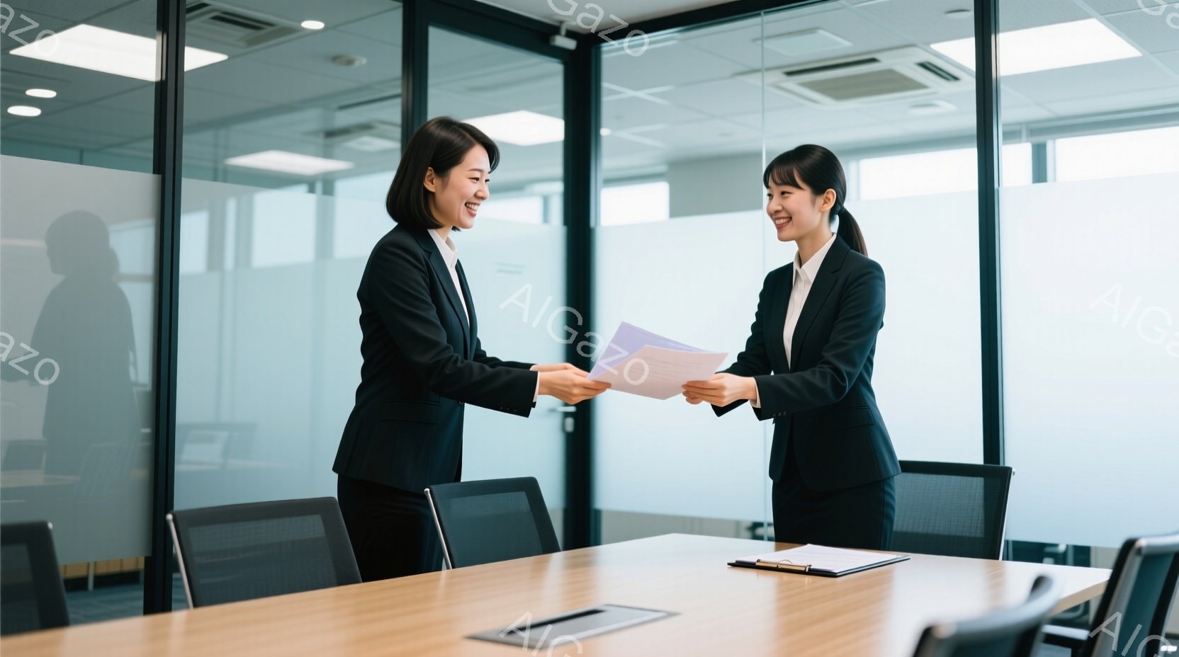 二人の女性が明るいオフィスで書類を交換している様子が写っている。彼女たちは黒いスーツを着ており、笑顔で前向きな表情をしている。背景には会議テーブルと椅子、そしてガラス張りの壁があり、清潔感のあるオフィス空間が広がっている。