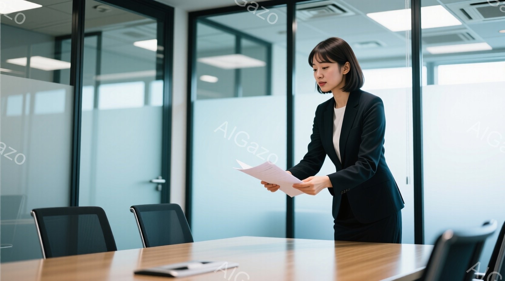 黒いスーツ姿の女性が、書類を手に会議室で立っている。彼女はストレートの黒髪で、真剣な表情で書類を見つめている。背景にはガラス張りの壁と会議テーブルがあり、洗練されたオフィス空間の雰囲気が漂っている。 - AI生成フリー素材