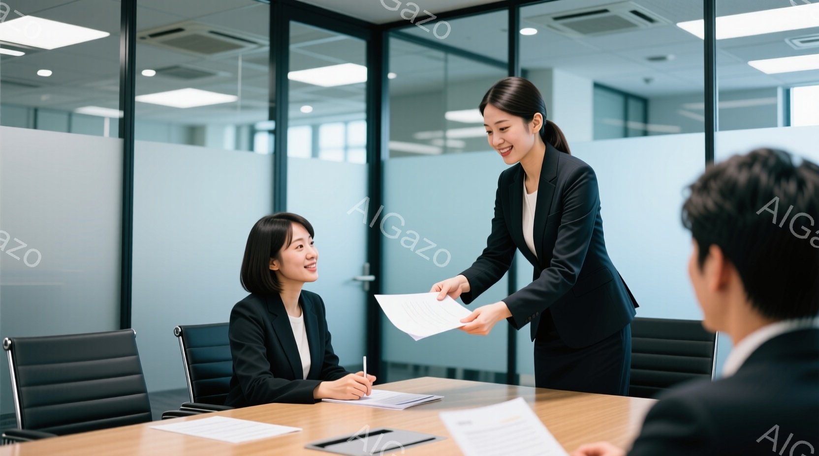 ビジネスウーマンが書類を同僚に渡している室内シーンです。彼女は黒いスーツに身を包み、笑顔で書類を差し出しています。室内は明るく、会議室のような空間で、木製のテーブルと黒い椅子が並んでいます。