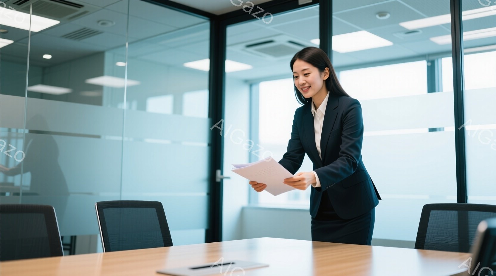 ビジネスウーマンが、明るい室内で書類を見ながら立っている。彼女はダークブルーのスーツと白いシャツを着ており、髪は後ろにまとめて綺麗に整えられている。室内はモダンな会議室で、大きな窓と木製のテーブルがあり、全体的に清潔でプロフェッショナルな雰囲気が漂っている。