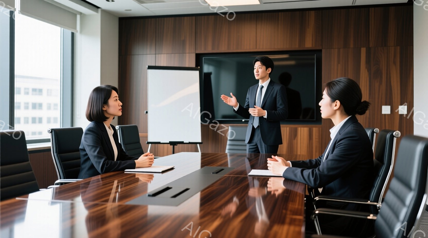会議室で、一人の男性がプレゼンテーションをしている様子が写っています。彼はスーツを着ており、身振り手振りで説明しています。対面には、二人の女性がスーツ姿で座っており、注意深く話を聞いている様子です。