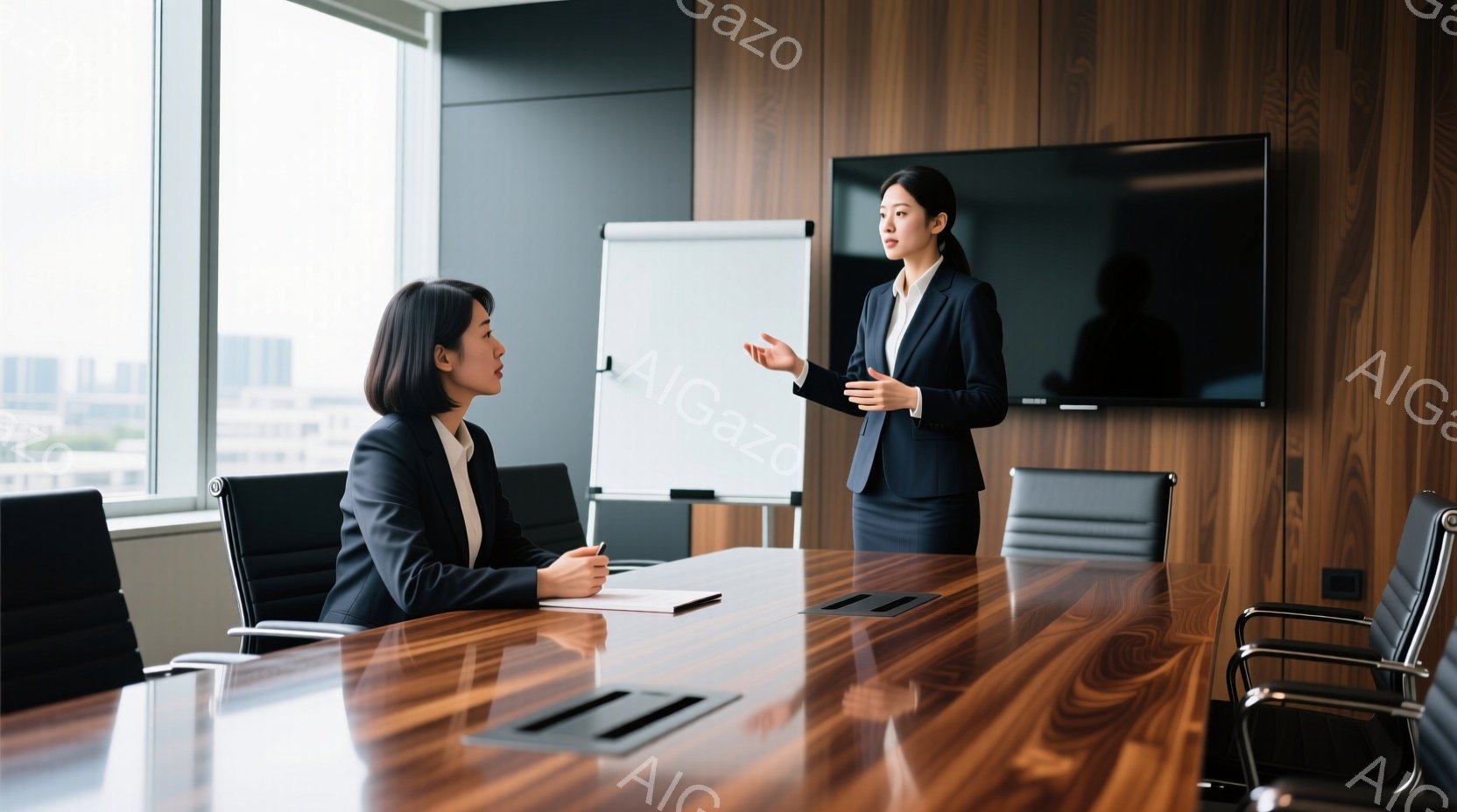 2人の女性が会議室で対面している。一人は黒いスーツを着て、短い黒髪で、何かを説明しているように手を広げている。もう一人は同じく黒いスーツを着て椅子に座り、メモを取る姿勢で、真剣な表情をしている。