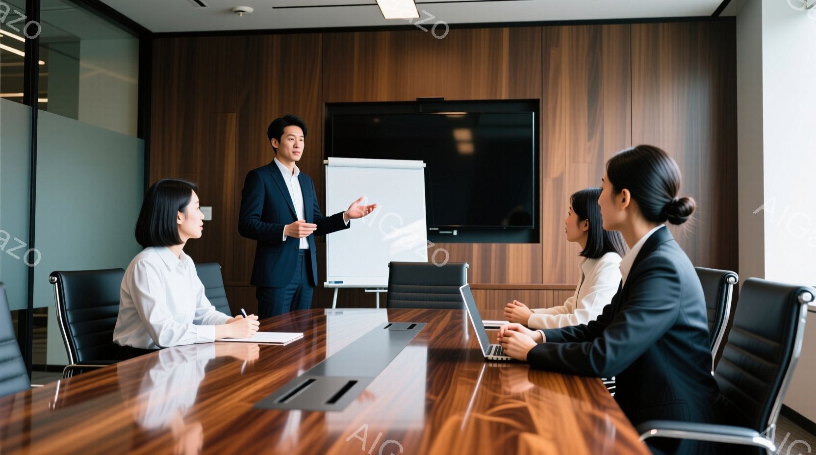 会議室で、一人の男性がプレゼンテーションをしている様子が写っている。彼は紺色のスーツを着ており、片手を広げて何かを説明している。参加者は三人の女性で、それぞれ白いシャツまたは黒いジャケットを着ており、真剣な表情で彼を見ている。
