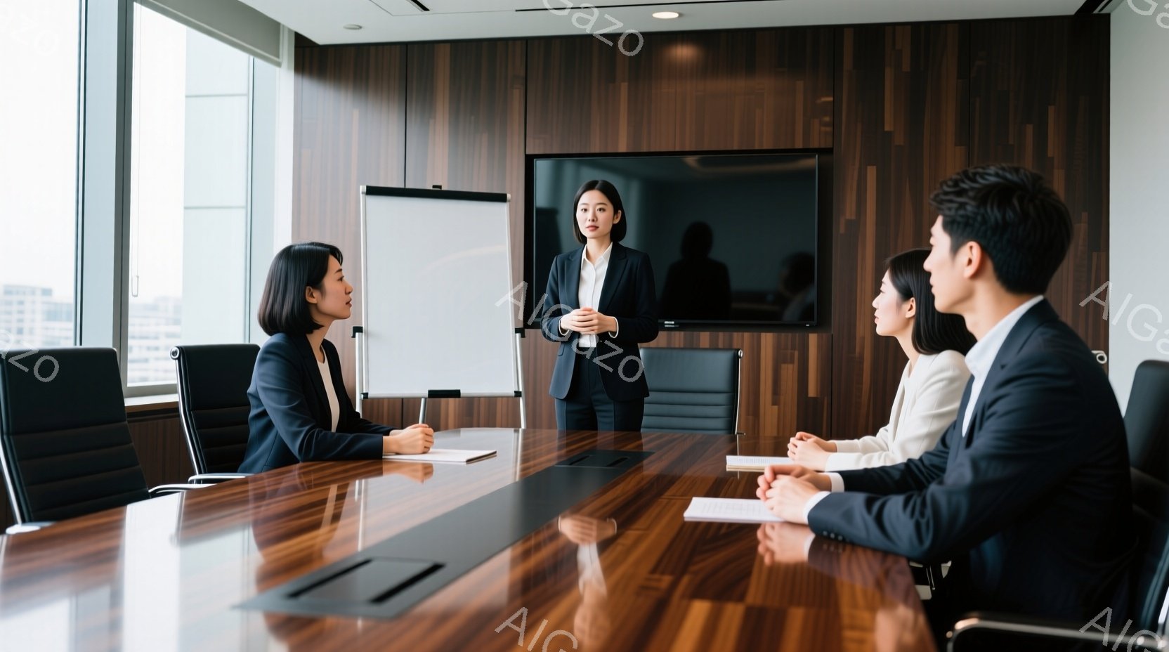 会議室で、一人の女性がプレゼンテーションを行っています。彼女は黒いジャケットと白いシャツを着ており、髪は短く整えられています。参加者は全員スーツを着ており、ノートとペンを持ち、真剣な表情で彼女の発表を - AI生成フリー素材