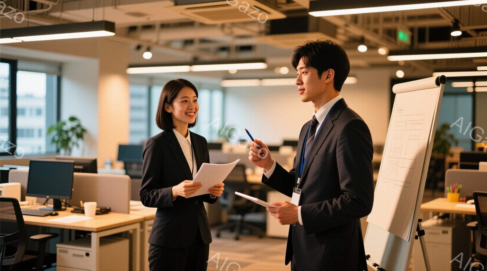 オフィス内で、一人の女性と一人の男性が立って会話しています。女性は黒いスーツを着ており、髪は後ろでまとめている。男性は紺色のスーツにネクタイをし、片手に書類とペンを持ち、ホワイトボードの前で何かを説明 - AI生成フリー素材