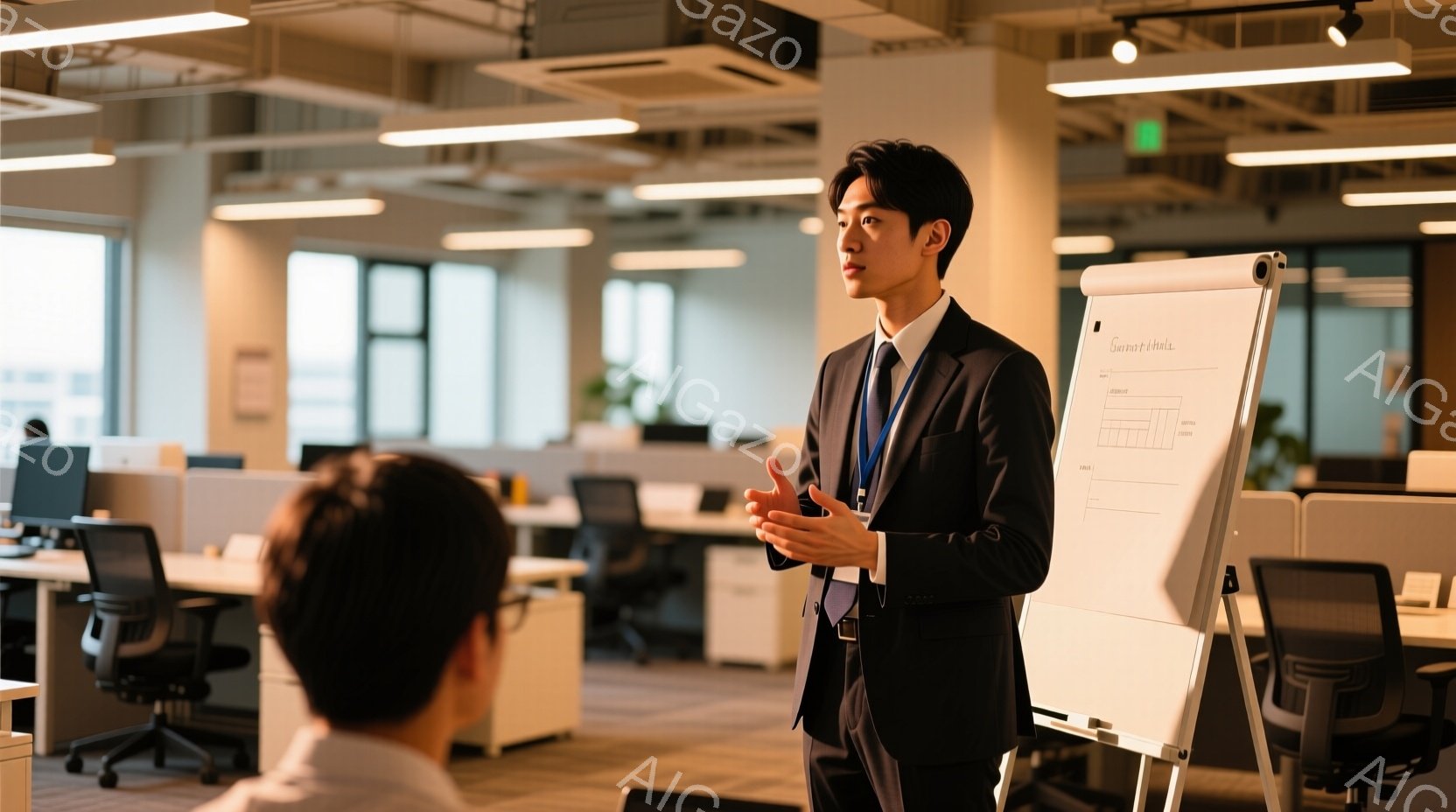 若い男性が、オフィスでホワイトボードの前で何か説明している様子が写っている。彼は黒いスーツに青いネクタイを締め、身だしなみを整えており、真剣な表情でジェスチャーを交えながら話している。オフィスはモダン - AI生成フリー素材