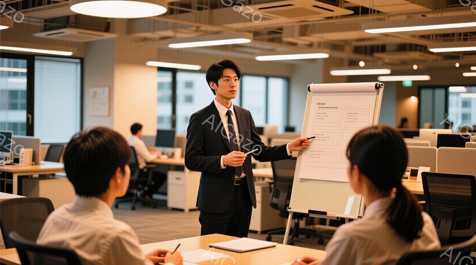 一人の男性が、オフィスでホワイトボードを指しながらプレゼンテーションをしている。彼は黒いスーツと白いシャツを着ており、短髪で真剣な表情をしている。オフィスは現代的で明るく、他の従業員も作業をしているのが見える。