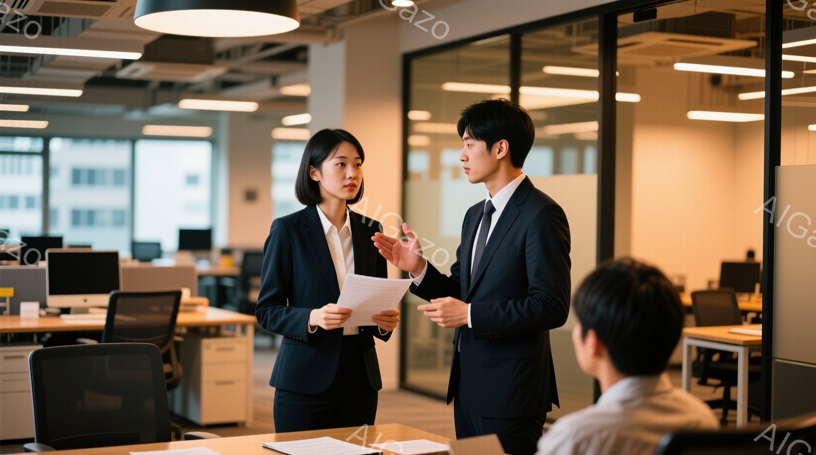 ビジネススーツを着た男女がオフィスで立って会話しています。女性は黒いスーツと白いシャツを着て書類を持っており、男性はグレーのスーツとネクタイを締めて身振り手振りを交えて話しています。背景には他のデスクとオフィススペースが見え、明るい照明とガラス張りの壁が現代的な雰囲気を作り出しています。