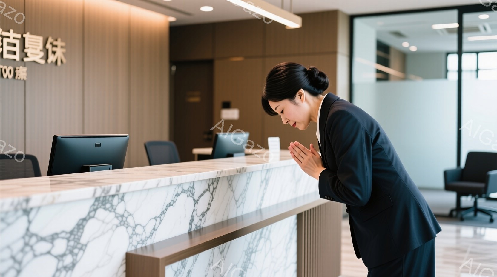 制服を着た女性が、受付カウンターの前で深々と頭を下げています。彼女は黒いスーツに白シャツを着ており、髪は後ろで綺麗にまとめられています。背景には、明るい室内と受付カウンター、そして椅子が見え、全体的に - AI生成フリー素材