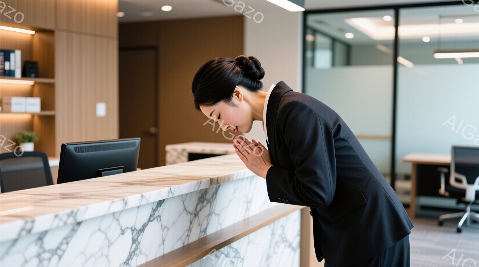 黒いスーツに身を包んだ女性が、大理石の受付カウンターの前で深々と頭を下げています。彼女は黒髪を後ろでまとめ、丁寧な印象を与えています。背景にはオフィスのような空間が広がり、落ち着いた雰囲気です。