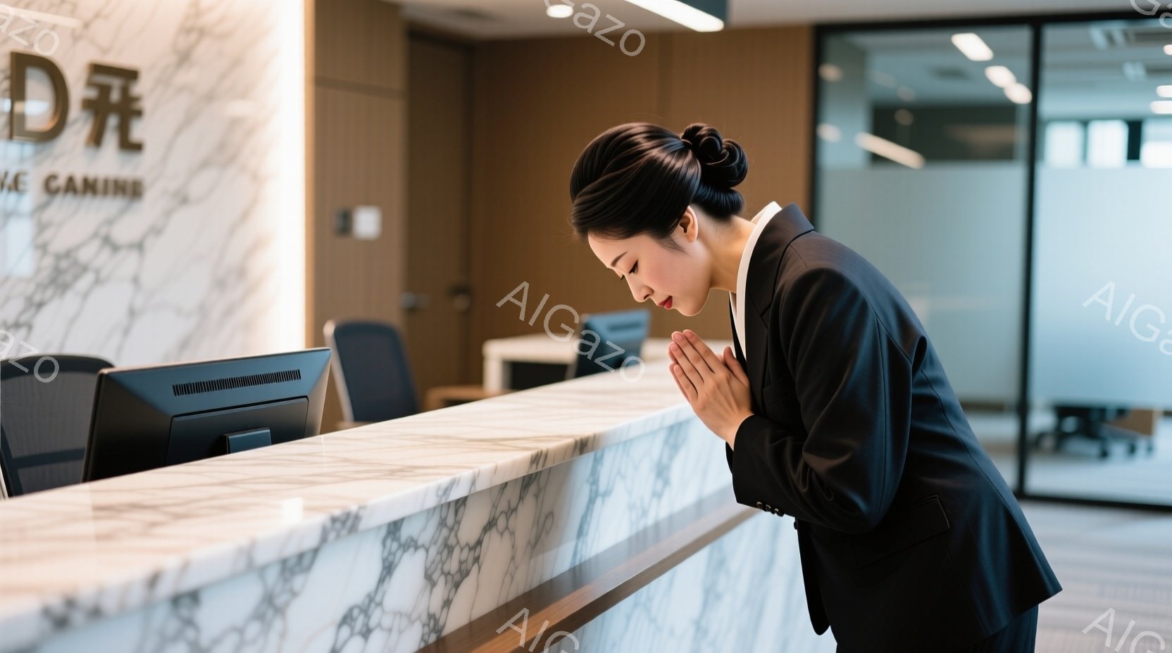 黒いスーツに身を包んだ女性が、受付カウンターの前で深々と頭を下げています。彼女は髪を後ろでまとめ、丁寧な姿勢で顧客を迎えている様子が伺えます。背景には、モダンな内装のオフィス空間と受付のコンピュータが映り、全体的に落ち着いた雰囲気です。