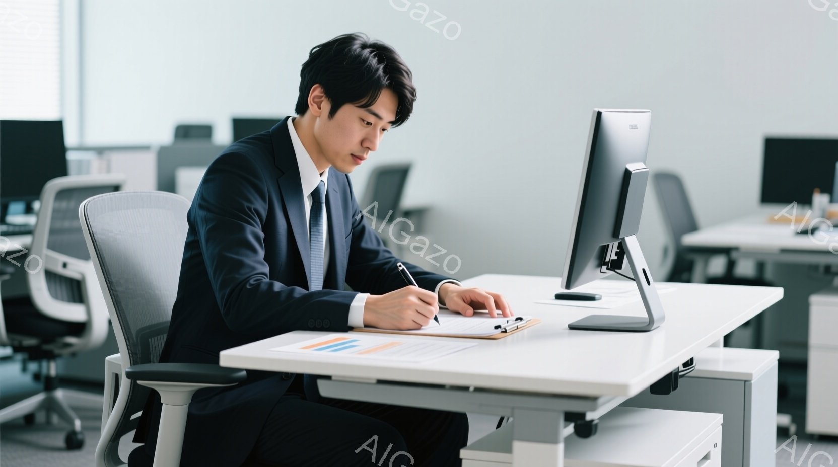 スーツを着た男性がオフィスで仕事をしている様子が写っている。彼は黒髪で、わずかに前髪が落ちている。集中した表情で、クリップボードにペンで何か書き込んでいる姿勢から、真剣に取り組んでいることが窺える。