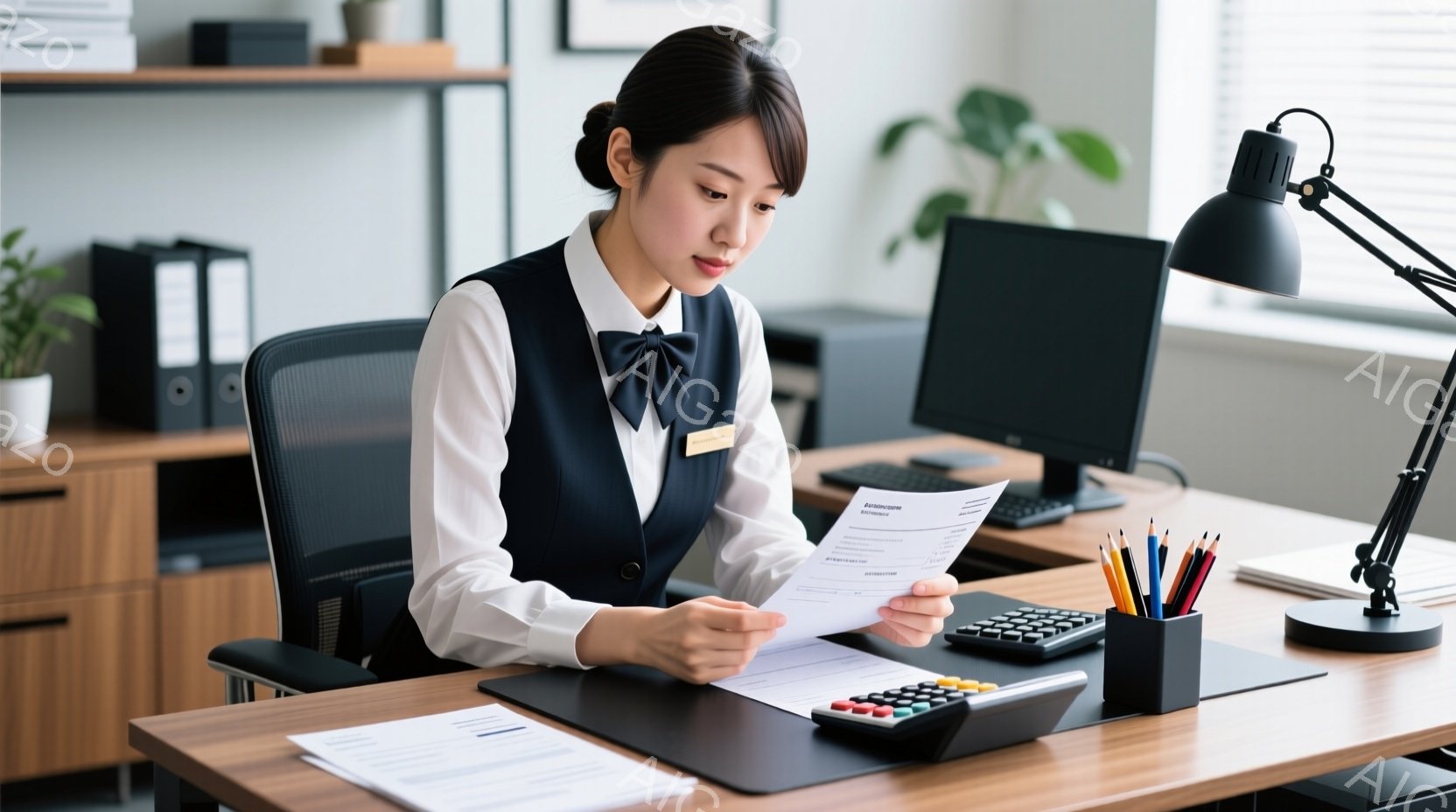 女性は、白いシャツに濃い青色のベスト、そしてグレーのオフィスチェアに座っています。彼女は書類を手に持ち、集中した表情で何かを確認しているようです。背景には木製の机、電卓、筆記用具、書類棚が見え、明るく整頓されたオフィス環境が感じられます。