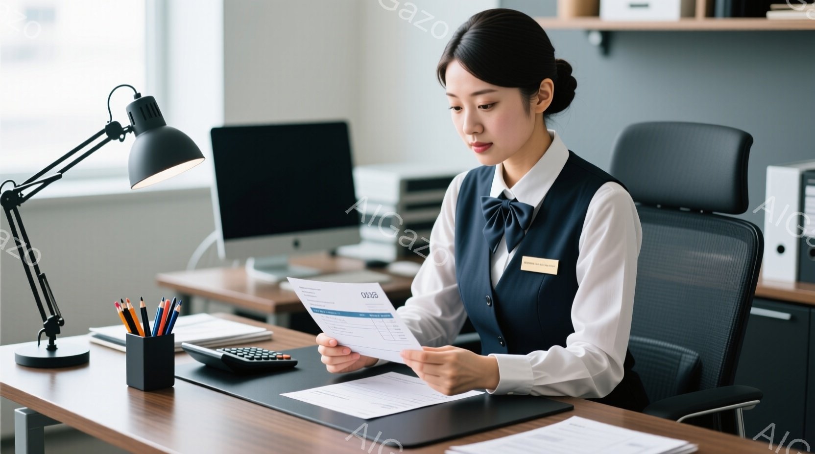 制服姿の女性が、事務机に向かって書類を読んでいます。彼女は黒髪を後ろでまとめ、真剣な表情で書類を見つめています。背景には、パソコンやファイルボックスが見え、オフィスの一室であることがわかります。