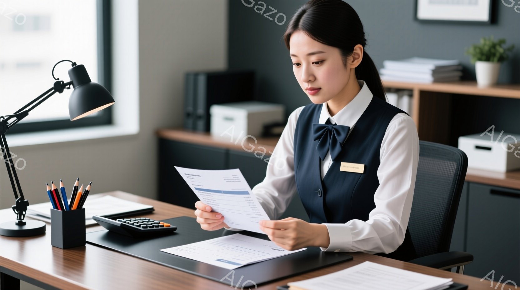 制服を着た女性が、オフィスで書類を手にしている様子が写っている。彼女は黒い髪を後ろでまとめ、真剣な表情で書類の内容を確認している。背景には、オフィス用品や書類が整理整頓されたデスク、そして薄暗い壁が見え、落ち着いた雰囲気を醸し出している。