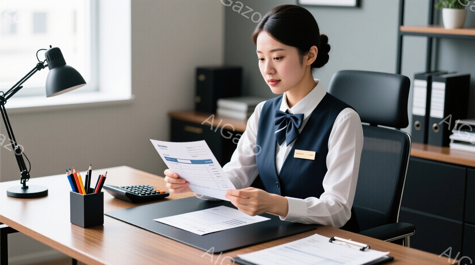 女性はオフィスで書類を読んでいます。白いブラウスと濃い青のベスト、そして明るい色のリボンを結んだヘアスタイルで、真剣な表情で集中している様子が伺えます。木製の机の上には電卓やペン、書類が整然と並べられており、落ち着いた雰囲気のオフィス空間が広がっています。