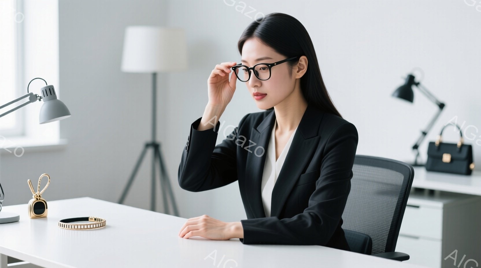 黒いスーツに白いブラウスを着た女性が、オフィスで椅子に座って眼鏡を指で押さえています。彼女は真剣な表情で、落ち着いた姿勢を見せています。背景には、ランプやハンドバッグ、そしてシンプルな内装のオフィス空 - AI生成フリー素材